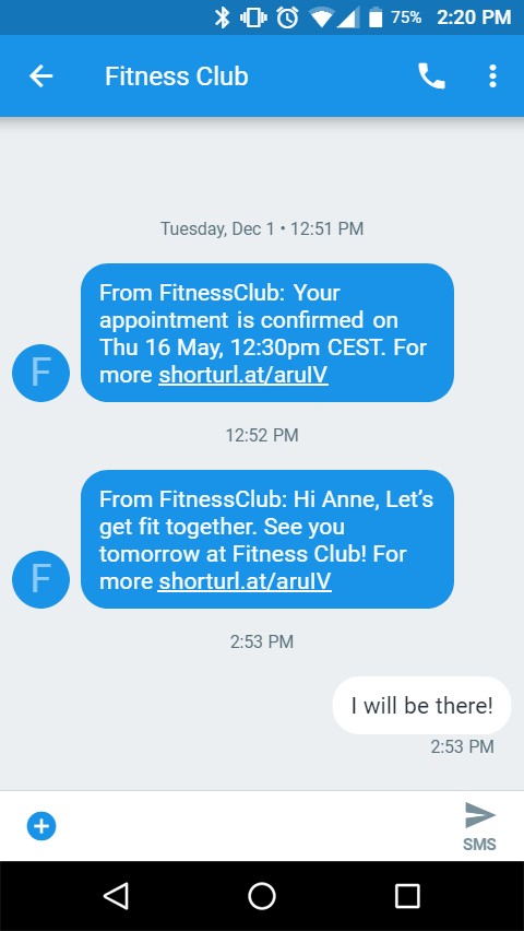 fitness club appointment confirmation SMS
